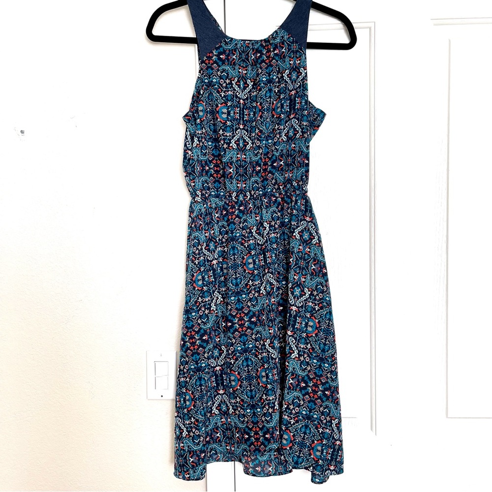 Athleta Women’s Blue Geometric Print Martinique Faux-wrap Front Dress Size XXS